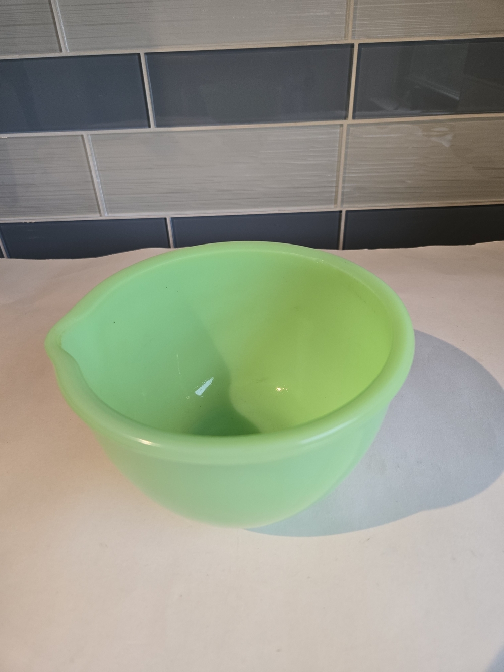 Jadeite  Green Mixing Bowl with Pour Spout - Uranium Glass Bowl McKee